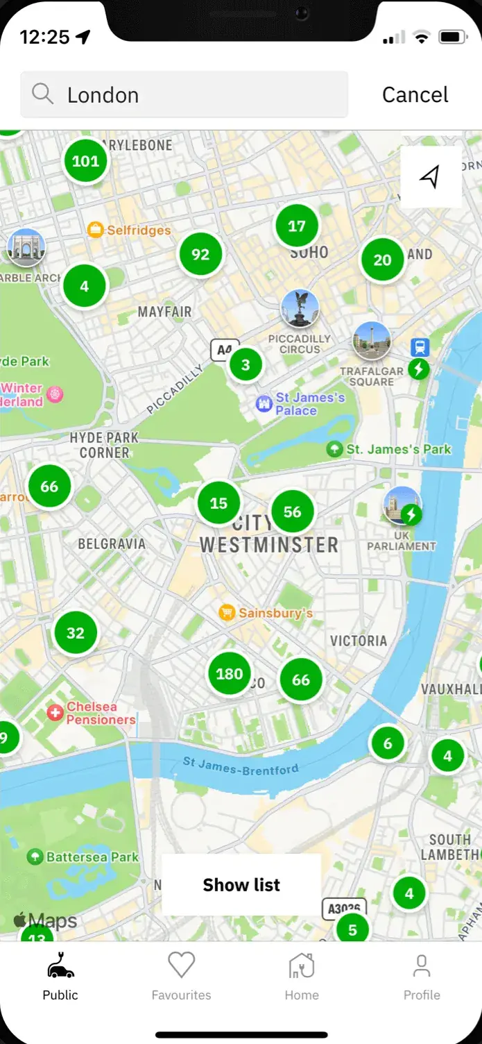 The easyCharging app showing a live map of charging points across London, with green markers counting available points.