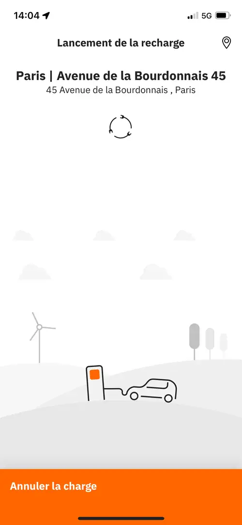 L'application easyCharging au lancement d'une recharge, avec le point de charge et un bouton pour annuler.