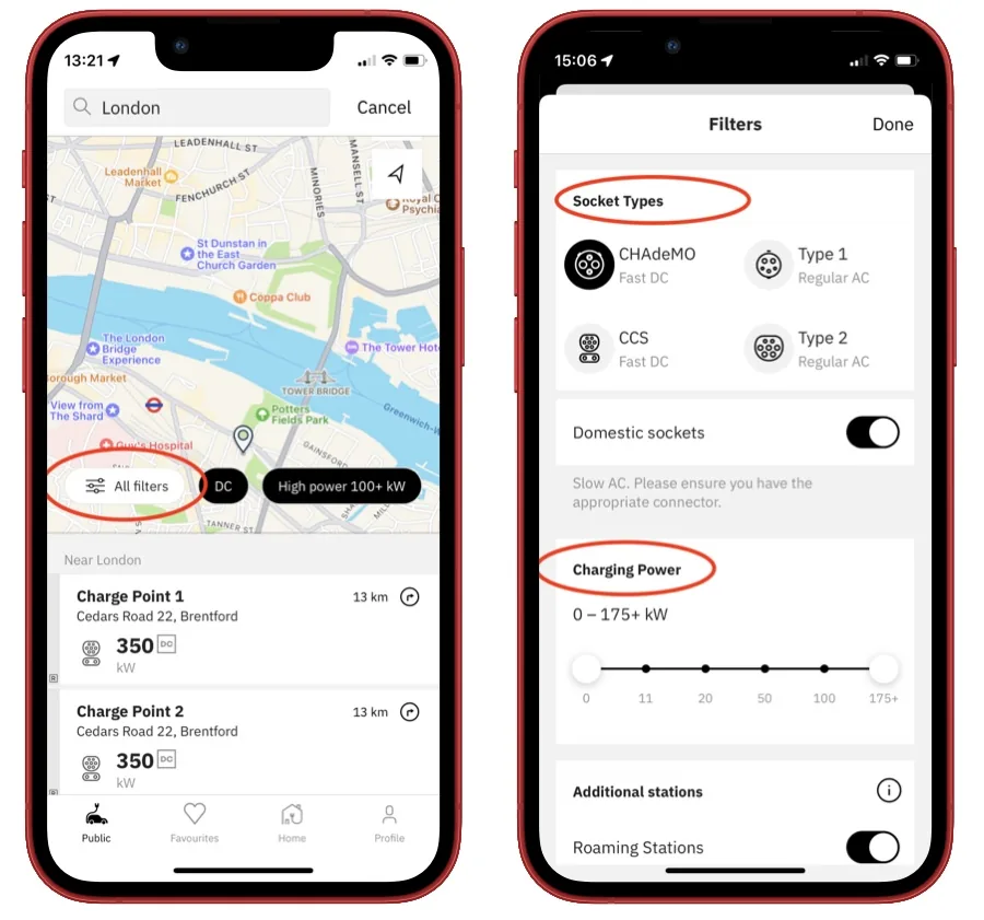 easyCharging showing charging station search