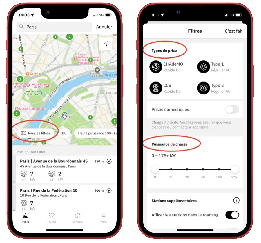 easyCharging montrant la recherche de station de charge