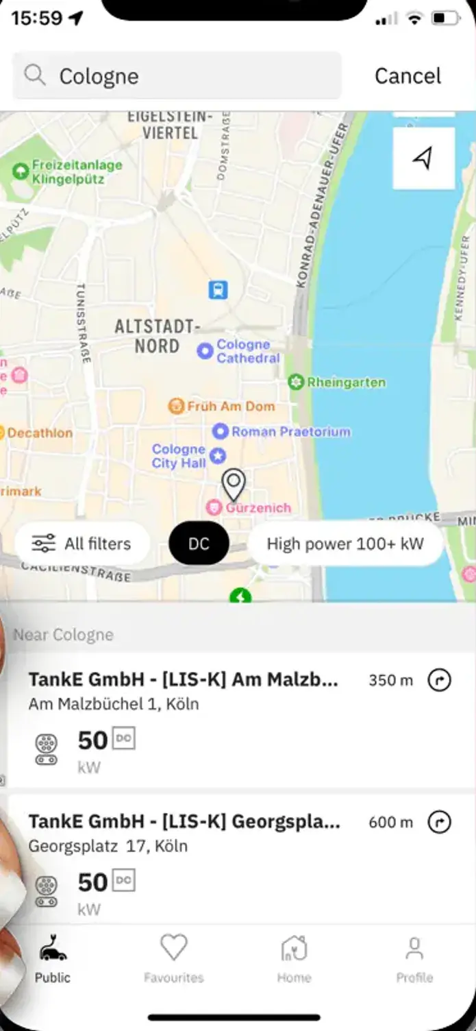 The easyCharging app showing a live map of charging points across Cologne, with the nearest points and their power listed below.