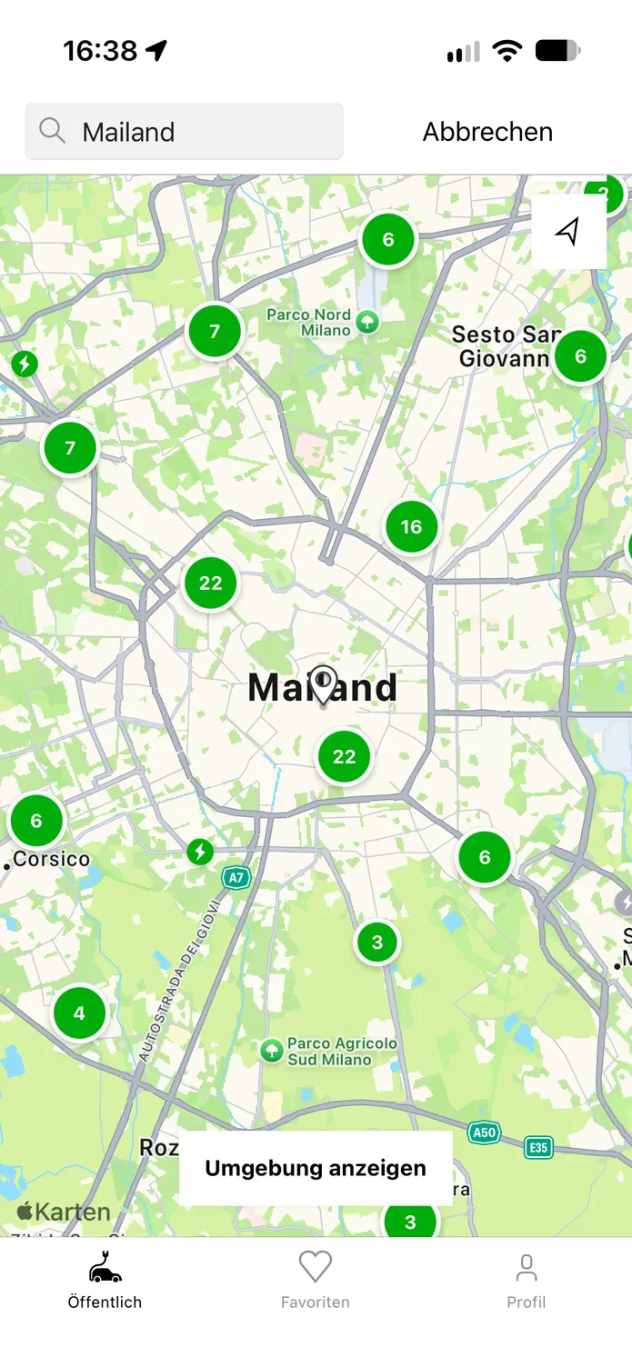 Die easyCharging-App mit einer Live-Karte der Ladepunkte in Mailand.