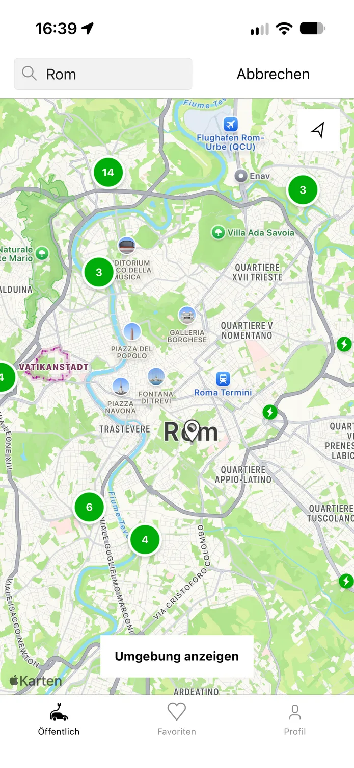 Die easyCharging-App mit einer Live-Karte der Ladepunkte in Rom.