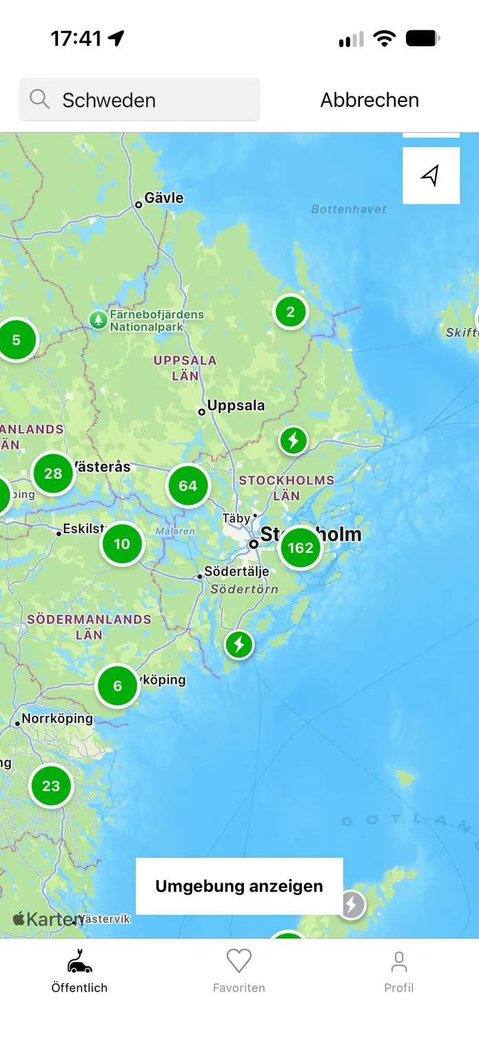 Die easyCharging-App mit einer Live-Karte der Ladepunkte in Stockholm.