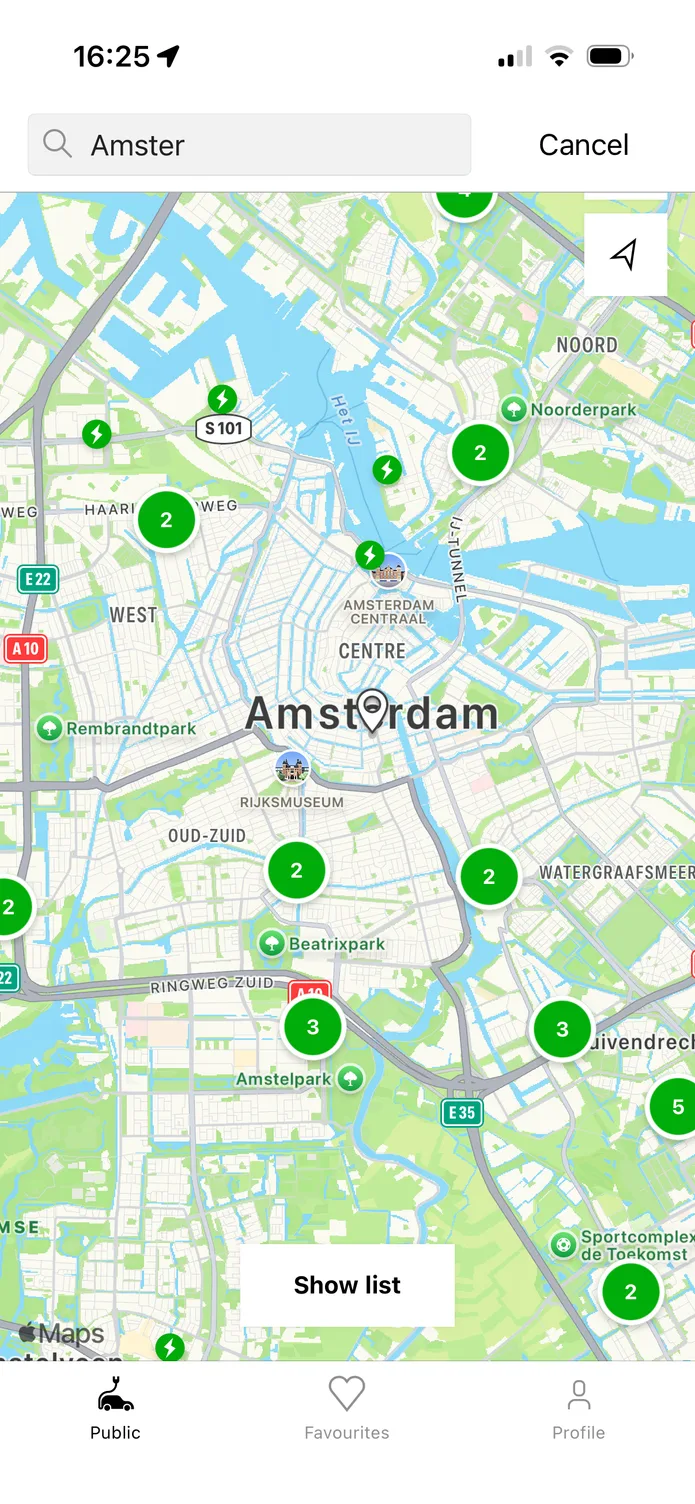 The easyCharging app showing a live map of charging points across Amsterdam, with the nearest points and their power listed below.