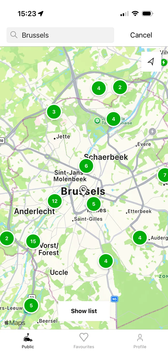 The easyCharging app showing a live map of charging points across Brussels, with the nearest points and their power listed below.