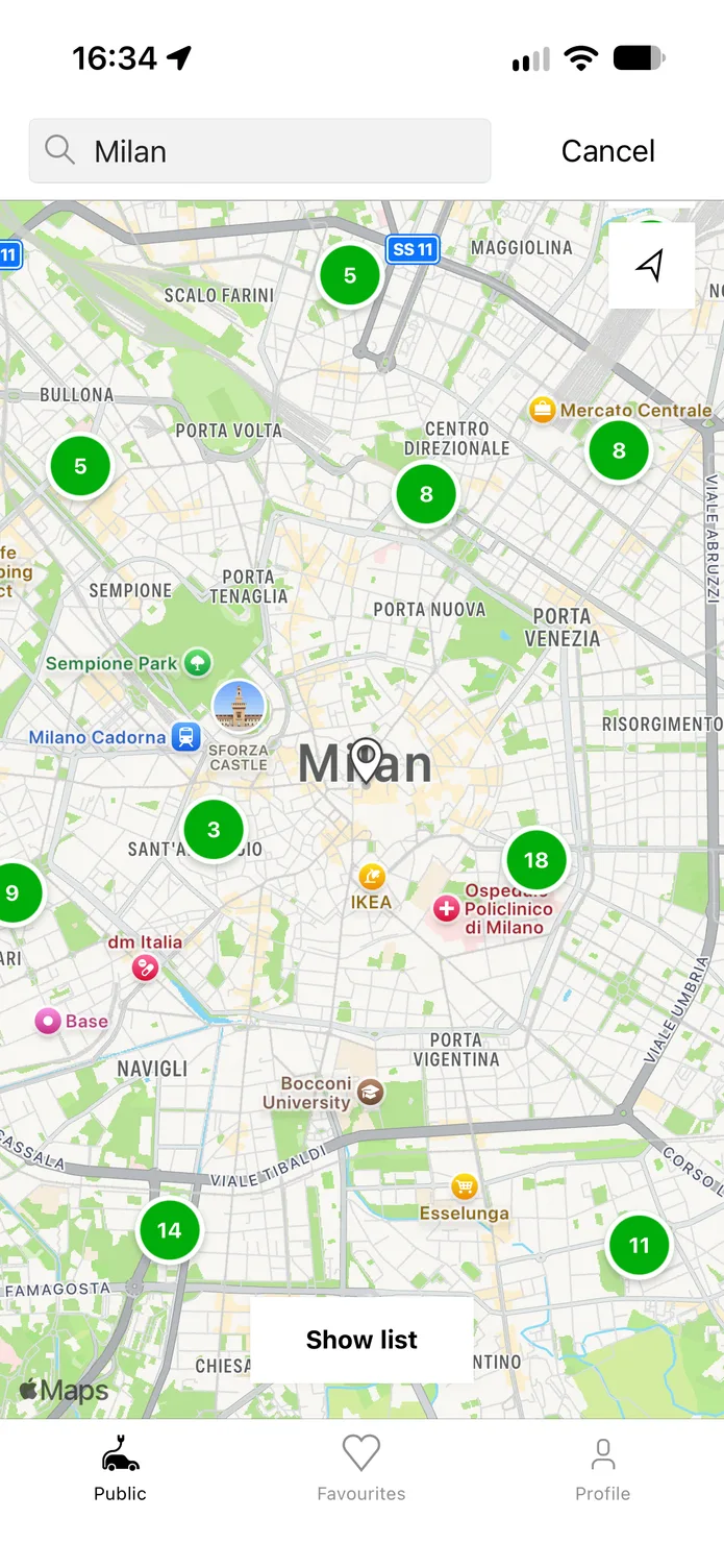 The easyCharging app showing a live map of charging points across Milan.
