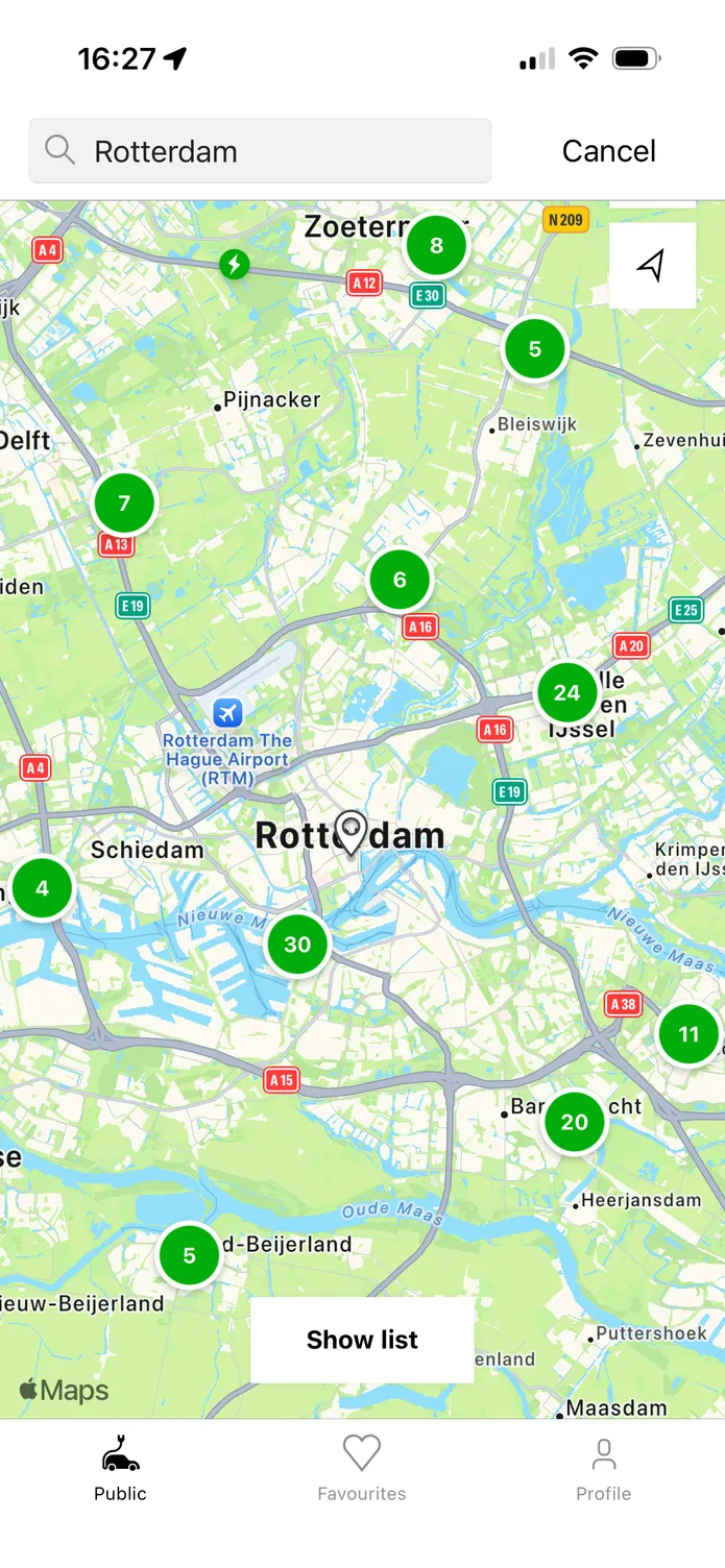 The easyCharging app showing a live map of charging points across Rotterdam, with the nearest points and their power listed below.