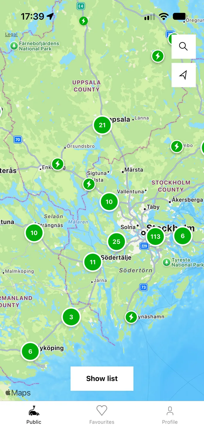 The easyCharging app showing a live map of charging points across Stockholm.