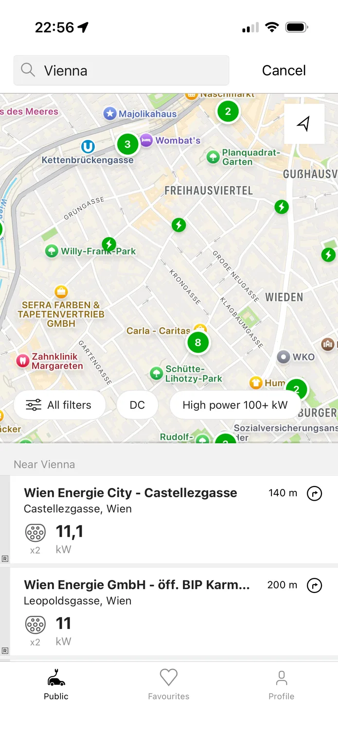 The easyCharging app showing a live map of charging points across Vienna, with the nearest points and their power listed below.