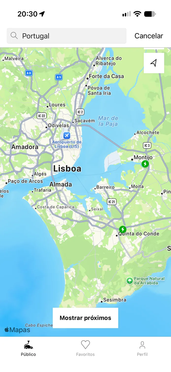 La aplicación easyCharging con un mapa en directo de los puntos de recarga en Lisboa.