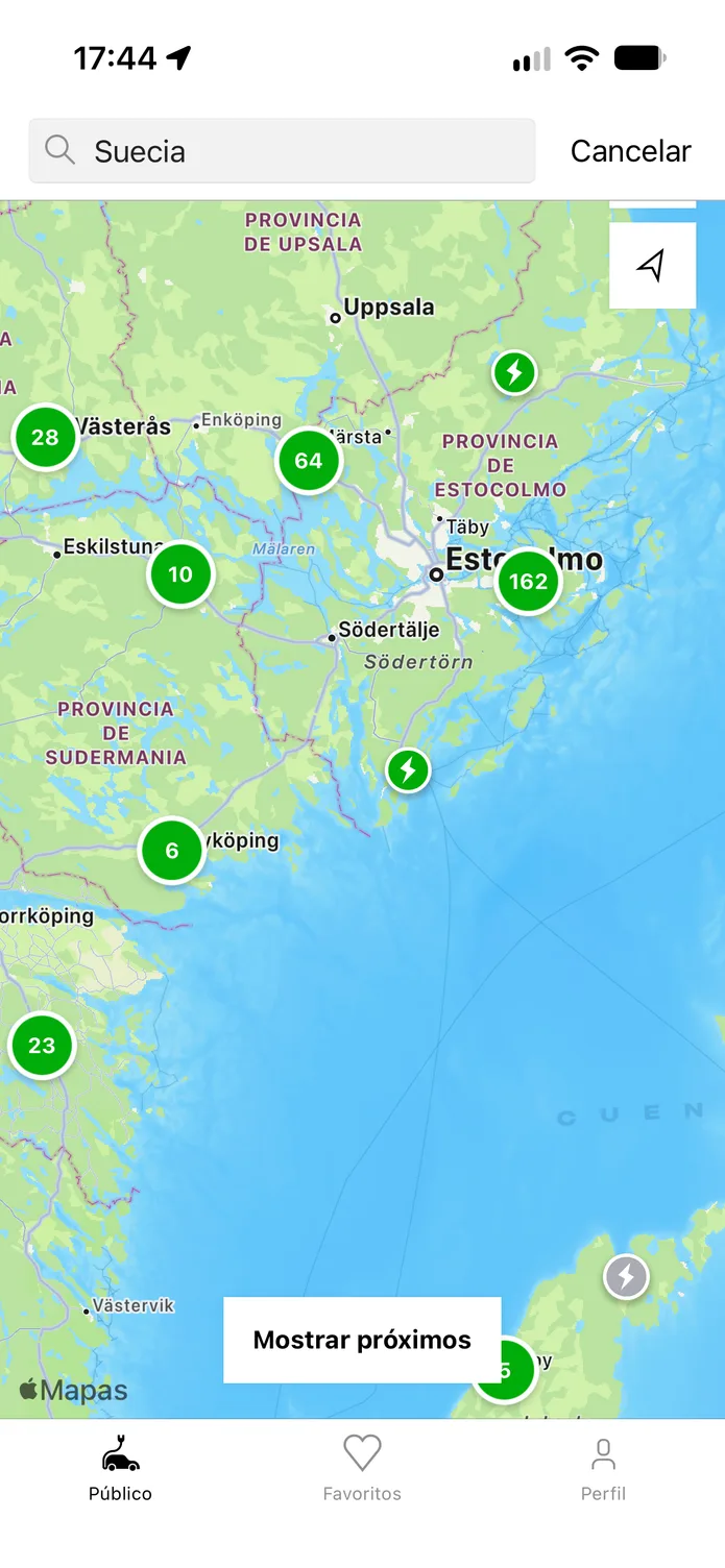 La aplicación easyCharging con un mapa en directo de los puntos de recarga en Estocolmo.
