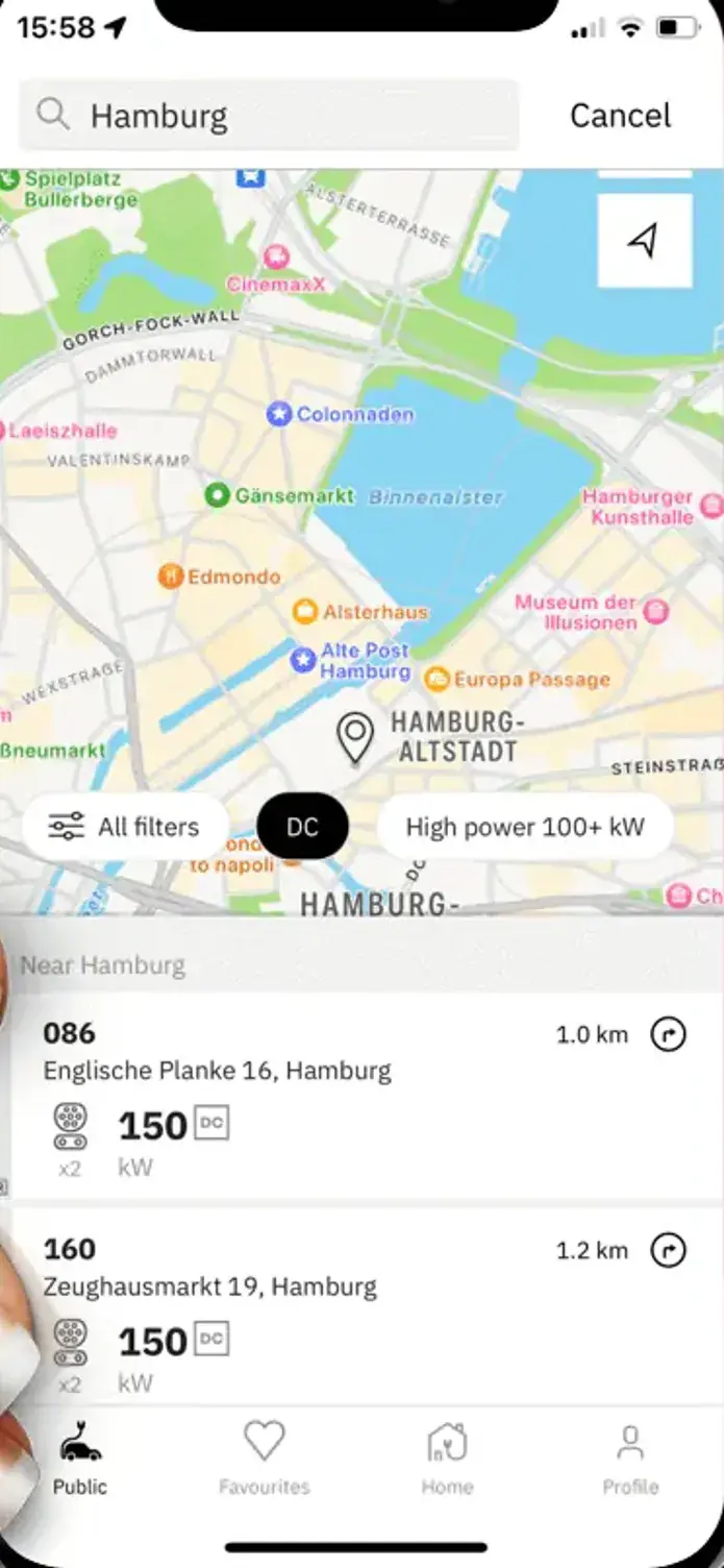 The easyCharging app showing a live map of charging points across Hamburg, with the nearest points and their power listed below.