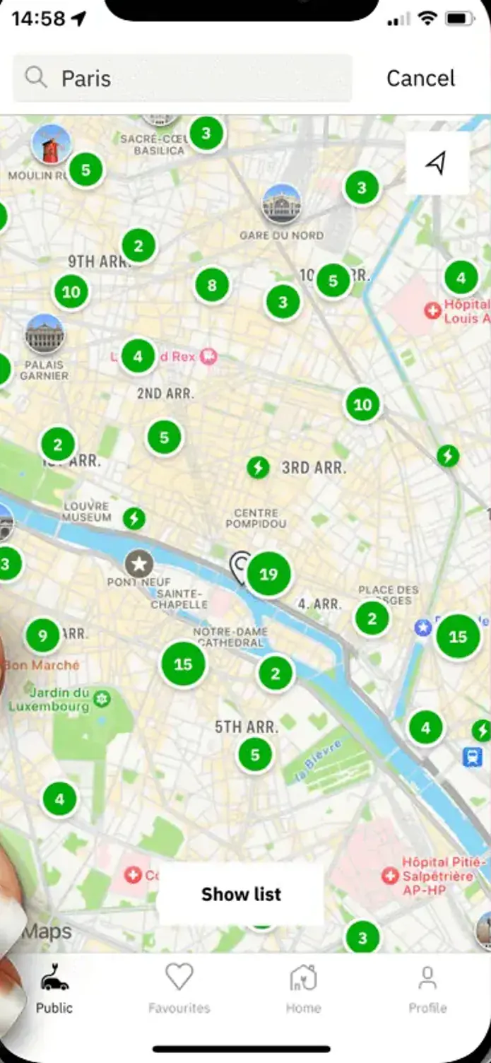 The easyCharging app showing a live map of charging points across Paris, with the nearest points and their power listed below.