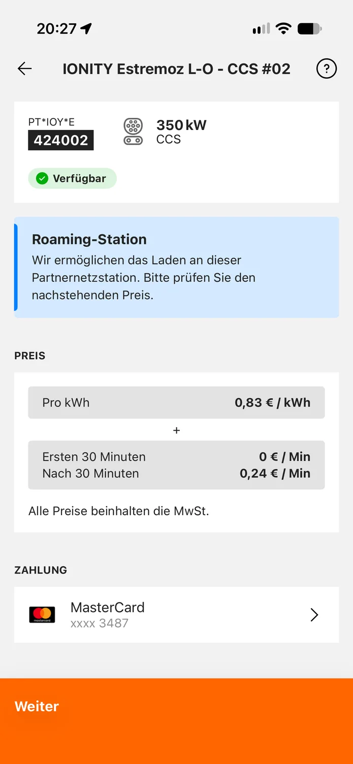 Die easyCharging-App mit einer Ladestation in der Nähe: ihre Ladepunkte, der Preis pro kWh vor dem Anstecken und ein Wischregler zum Starten.
