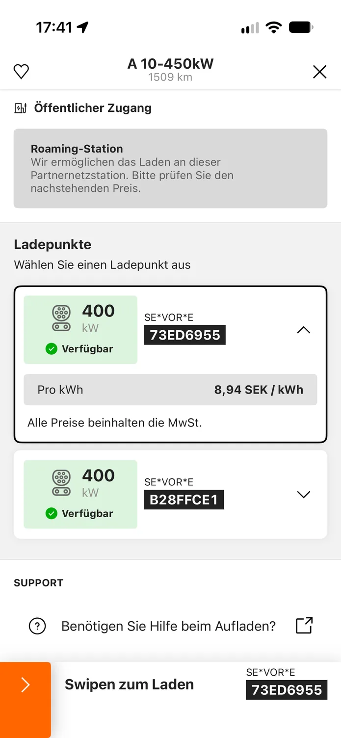 Die easyCharging-App mit einer Ladestation in der Nähe: ihre Ladepunkte, der Preis pro kWh vor dem Anstecken und ein Wischregler zum Starten.