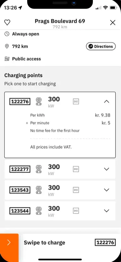 The easyCharging app showing a nearby charging station: its charging points, the price per kWh before you plug in, and a swipe control to start charging.