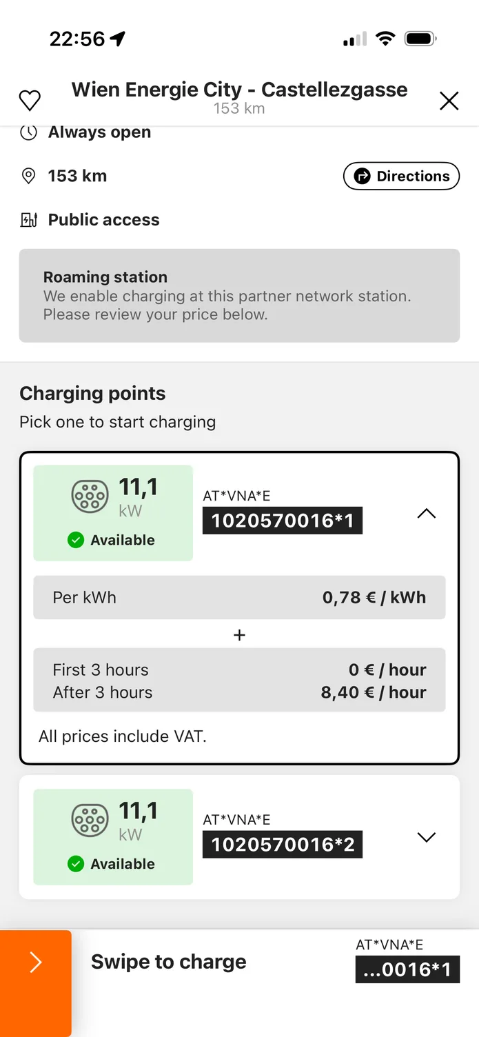 The easyCharging app showing a nearby charging station: its charging points, the price per kWh before you plug in, and a swipe control to start charging.