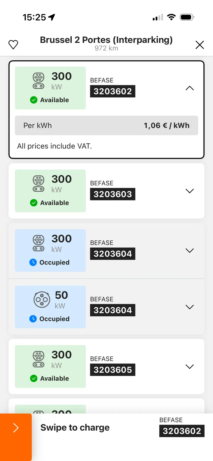 The easyCharging app showing a nearby charging station: its charging points, the price per kWh before you plug in, and a swipe control to start charging.