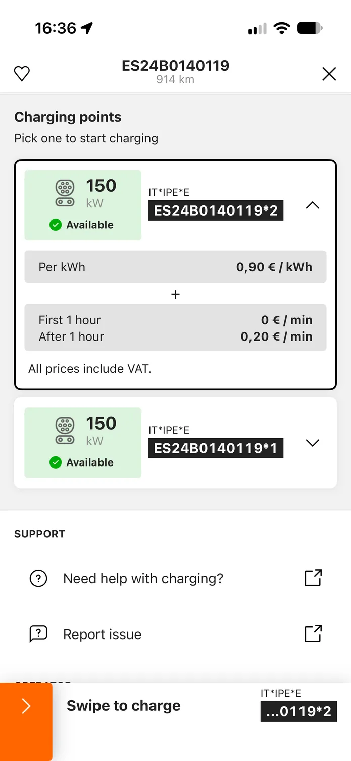 The easyCharging app showing a nearby charging station: its charging points, the price per kWh before you plug in, and a swipe control to start charging.