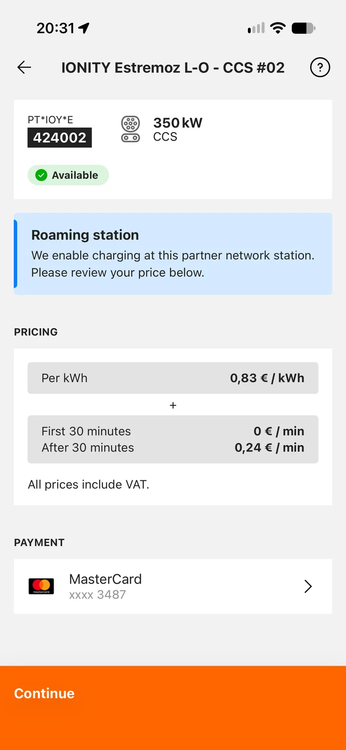 The easyCharging app showing a nearby charging station: its charging points, the price per kWh before you plug in, and a swipe control to start charging.