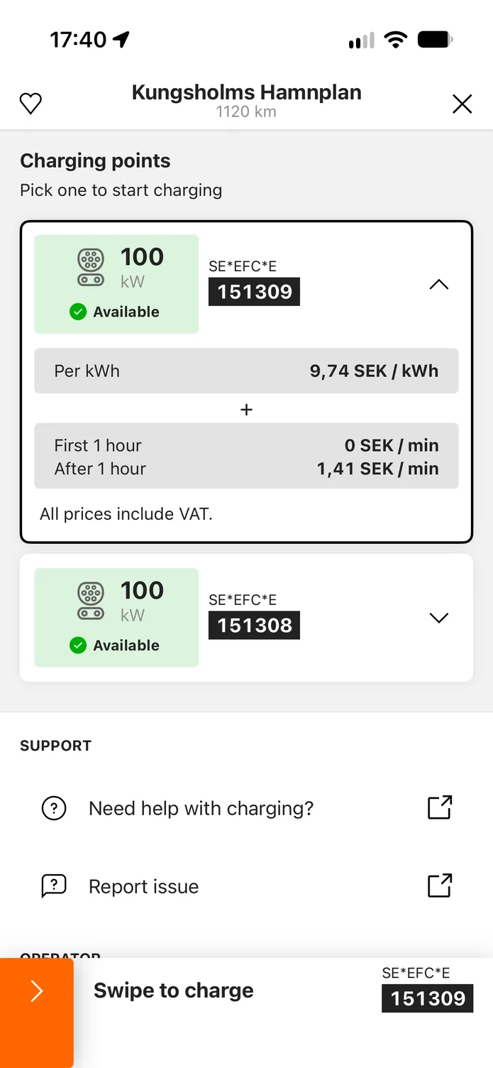 The easyCharging app showing a nearby charging station: its charging points, the price per kWh before you plug in, and a swipe control to start charging.