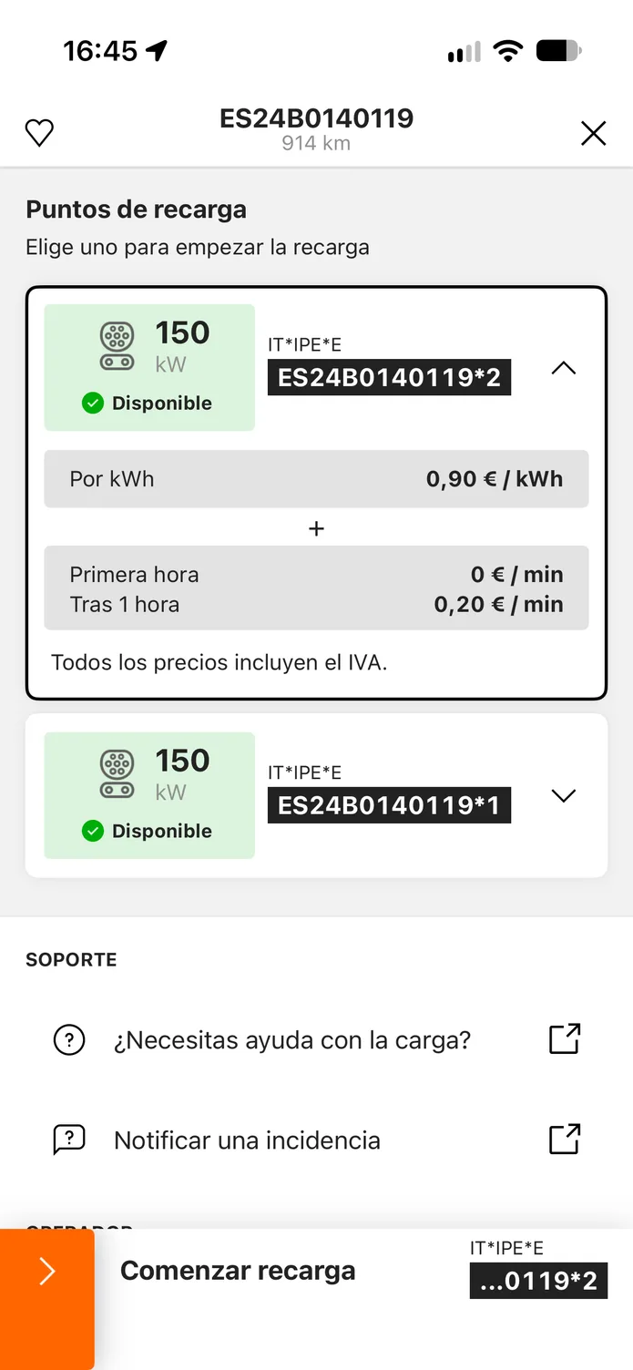 La aplicación easyCharging con una estación de recarga cercana: sus puntos de recarga, el precio por kWh antes de enchufar y un control deslizante para empezar a cargar.
