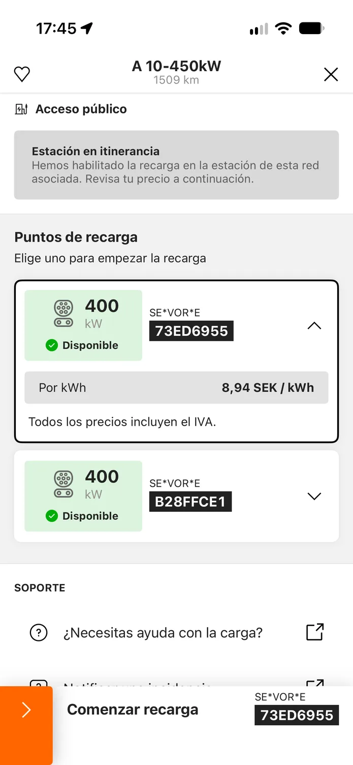 La aplicación easyCharging con una estación de recarga cercana: sus puntos de recarga, el precio por kWh antes de enchufar y un control deslizante para empezar a cargar.