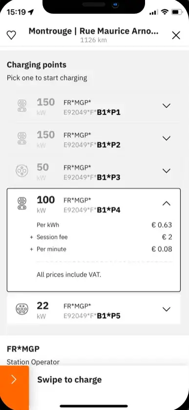 The easyCharging app showing a nearby charging station: its charging points, the price per kWh before you plug in, and a swipe control to start charging.