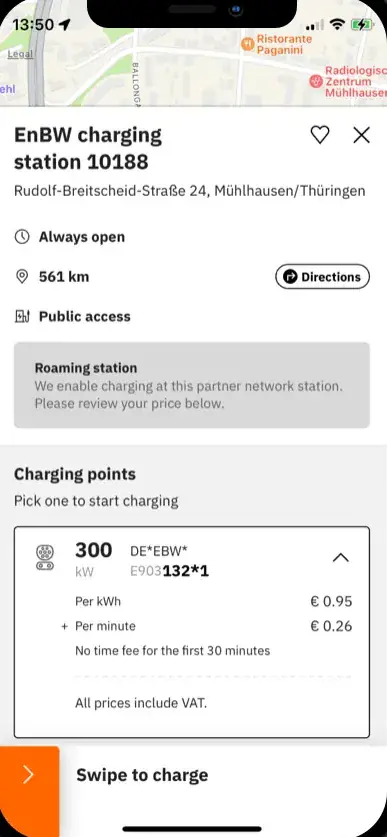 La aplicación easyCharging con una estación de recarga cercana: sus puntos de recarga, el precio por kWh antes de enchufar y un control deslizante para empezar a cargar.