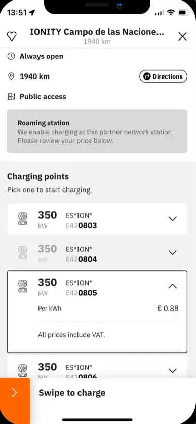 La aplicación easyCharging con una estación de recarga cercana: sus puntos de recarga, el precio por kWh antes de enchufar y un control deslizante para empezar a cargar.