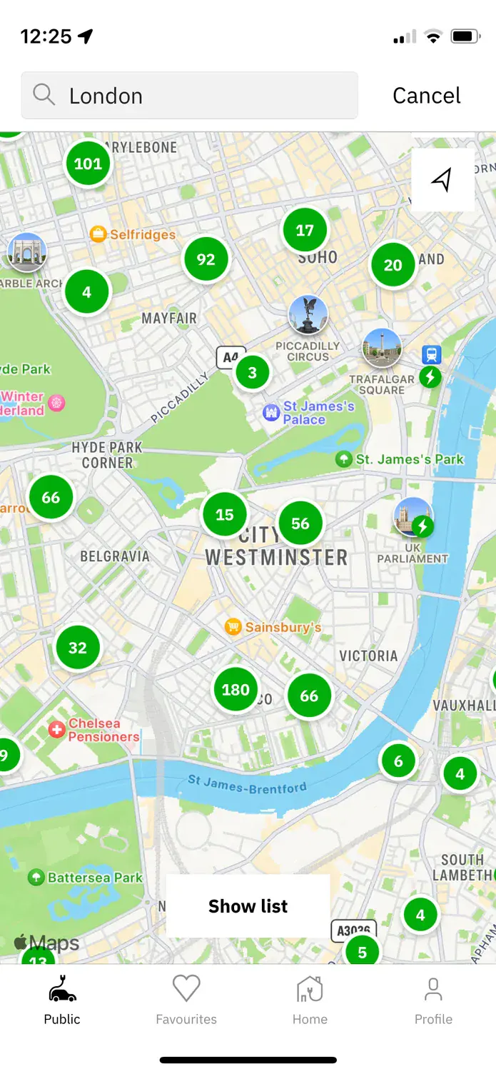The easyCharging app's map over London, with charging points grouped into clusters showing how many there are in each area.