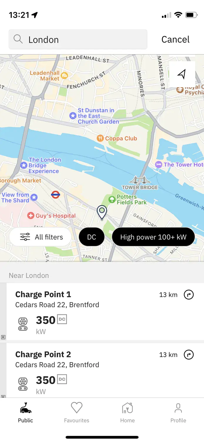 The easyCharging app showing a live map of charging points across London, with the nearest points and their power listed below.