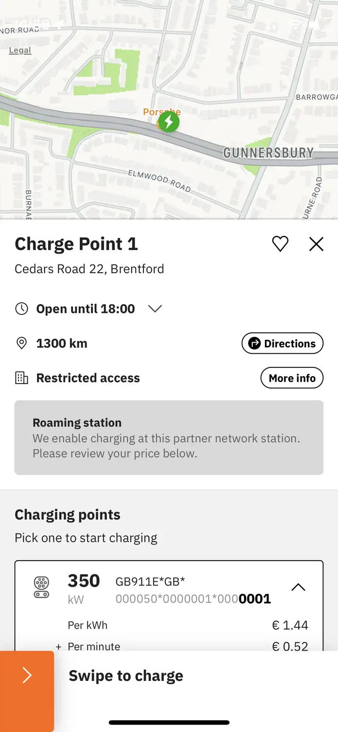 The easyCharging app showing a nearby charging station: its charging points, the price per kWh before you plug in, and a swipe control to start charging.