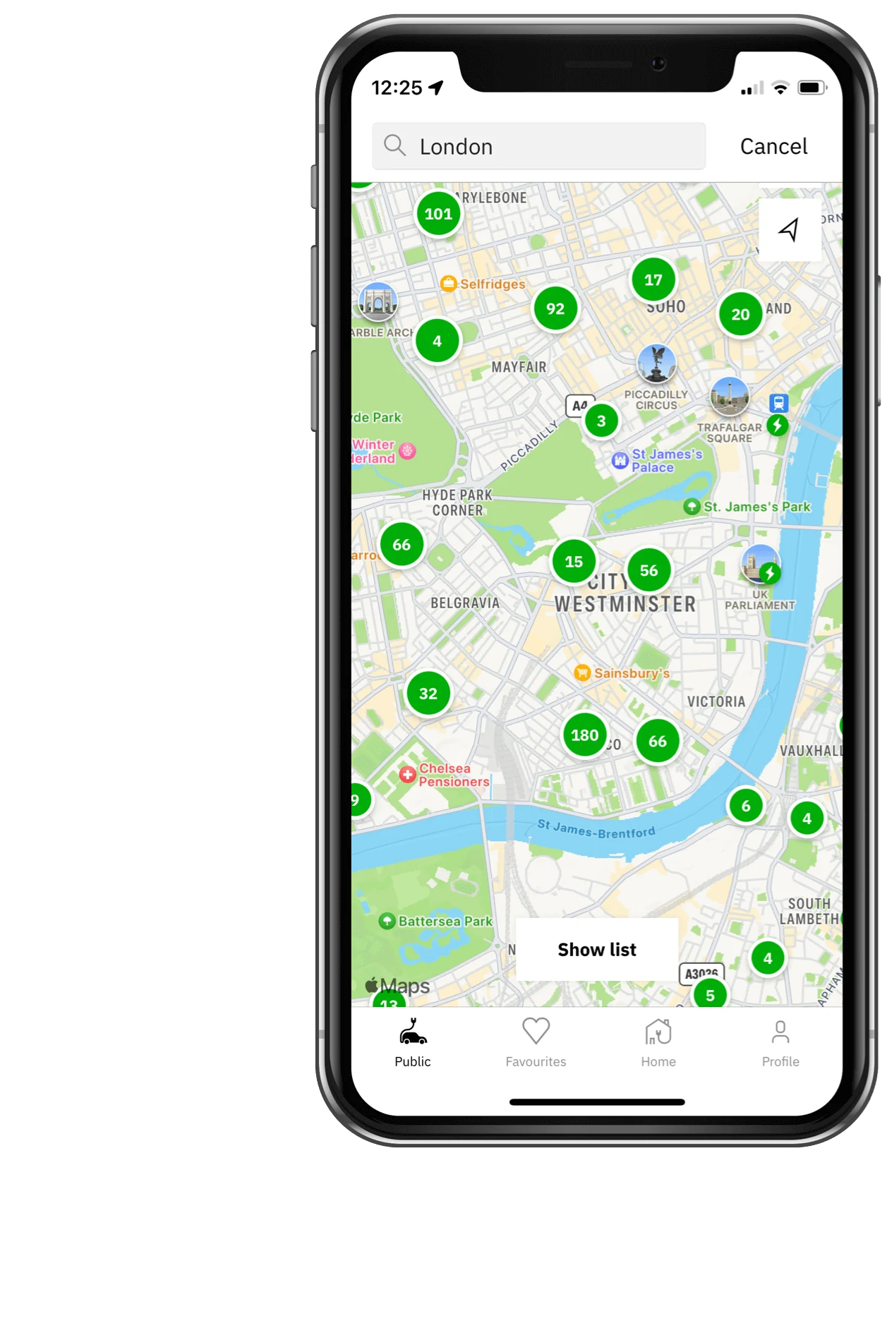 easyCharging app showing EV charging locations