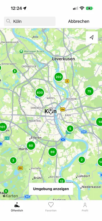 Die easyCharging-App mit einer Live-Karte der Ladepunkte in Köln.