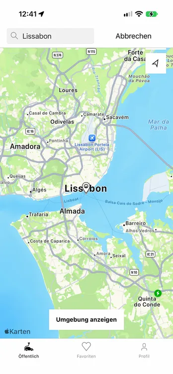 Die easyCharging-App mit einer Live-Karte der Ladepunkte in Lissabon.