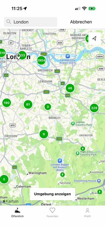 Die easyCharging-App mit einer Live-Karte der Ladepunkte in London.