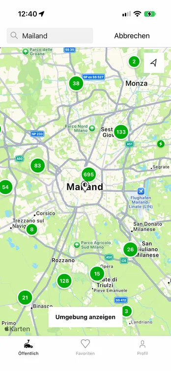 Die easyCharging-App mit einer Live-Karte der Ladepunkte in Mailand.