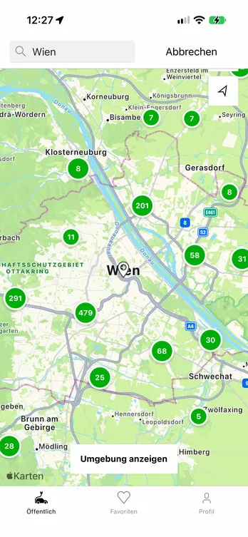 Die easyCharging-App mit einer Live-Karte der Ladepunkte in Wien.
