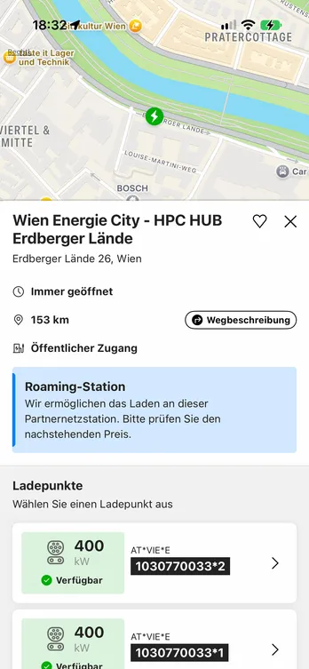Die easyCharging-App mit einer auf der Karte gefundenen Ladestation: Adresse und Ladepunkte, darüber weiterhin die Karte.