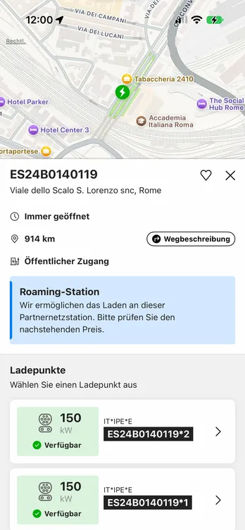 Die easyCharging-App mit einer auf der Karte gefundenen Ladestation: Adresse und Ladepunkte, darüber weiterhin die Karte.