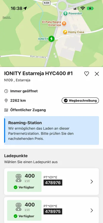Die easyCharging-App mit einer auf der Karte gefundenen Ladestation: Adresse und Ladepunkte, darüber weiterhin die Karte.
