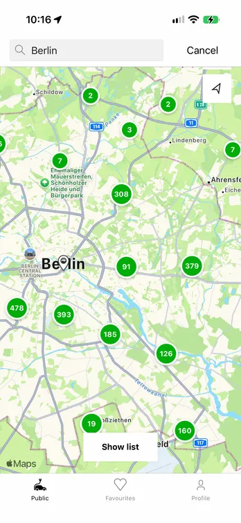 The easyCharging app showing a live map of charging points across Berlin.