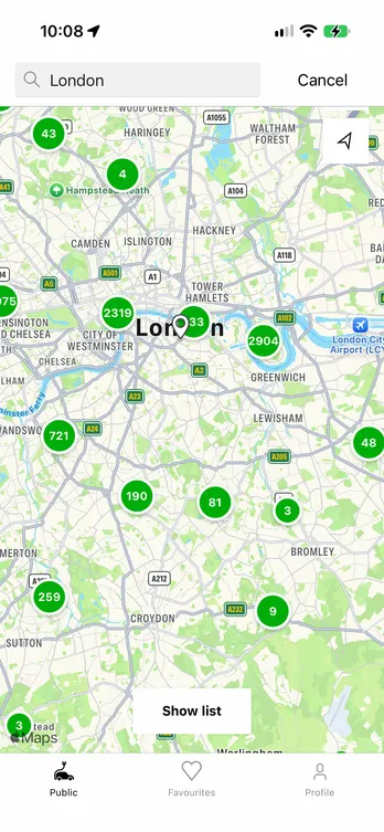 The easyCharging app showing a live map of charging points across London.