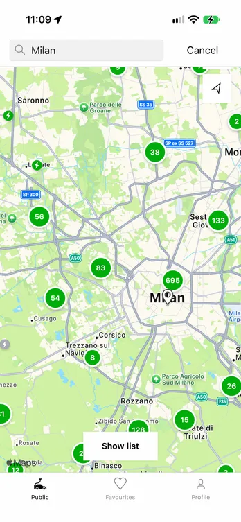 The easyCharging app showing a live map of charging points across Milan.