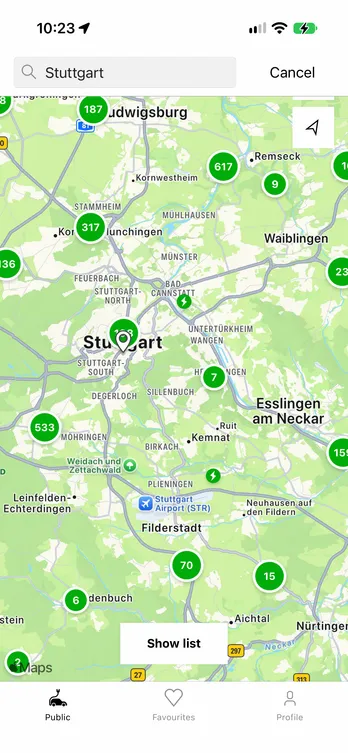 The easyCharging app showing a live map of charging points across Stuttgart.