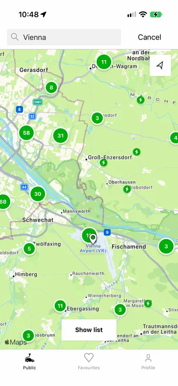 The easyCharging app showing a live map of charging points across Vienna.
