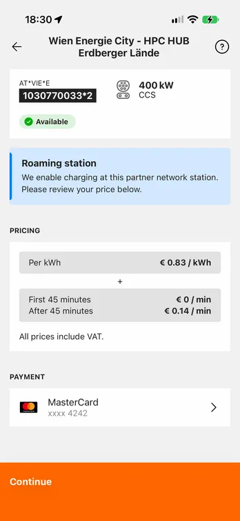 The easyCharging app showing one charging point at a station: its power, its connector and whether it is free, then the price and the card you pay with — all before you plug in.
