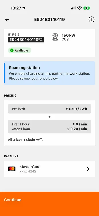 The easyCharging app showing one charging point at a station: its power, its connector and whether it is free, then the price and the card you pay with — all before you plug in.